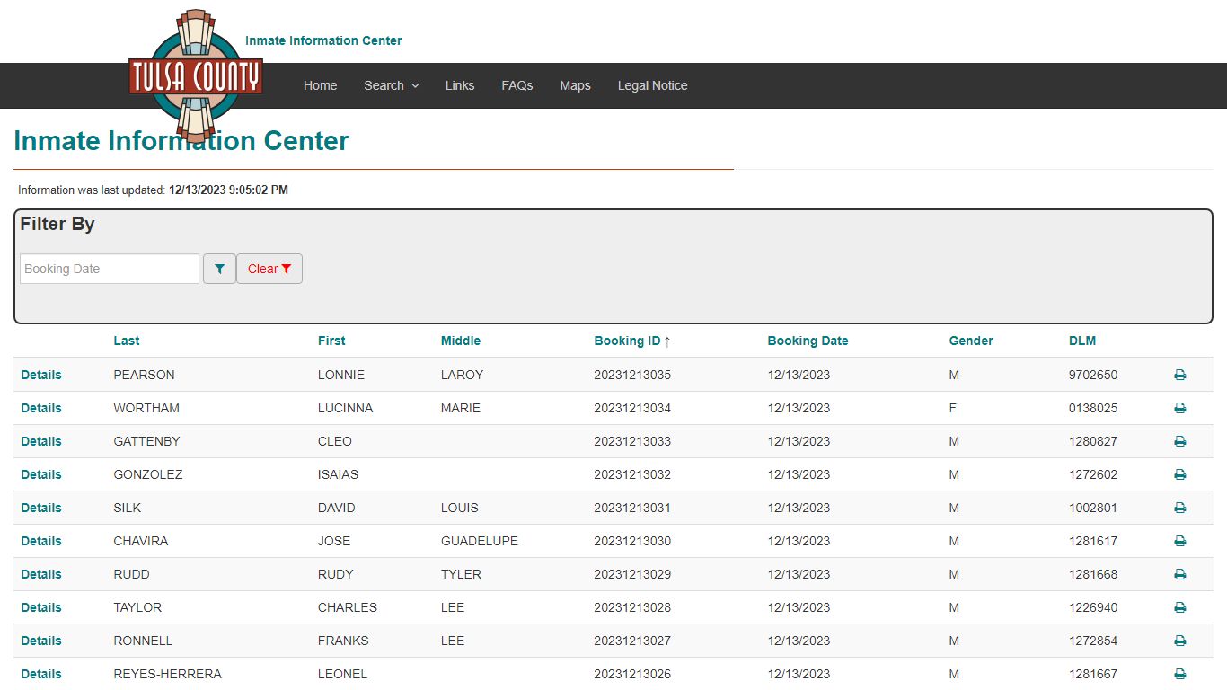 Booking Index - Inmate Information Center - Tulsa County, Oklahoma